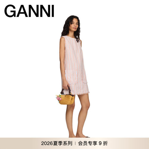 【夏季新款】GANNI女装 橙色条纹连衣裙亚麻无袖短裙 A1030582ZZ1