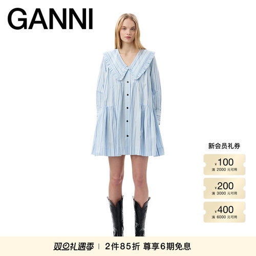 GANNI娃娃领约会连衣裙娃娃裙棉