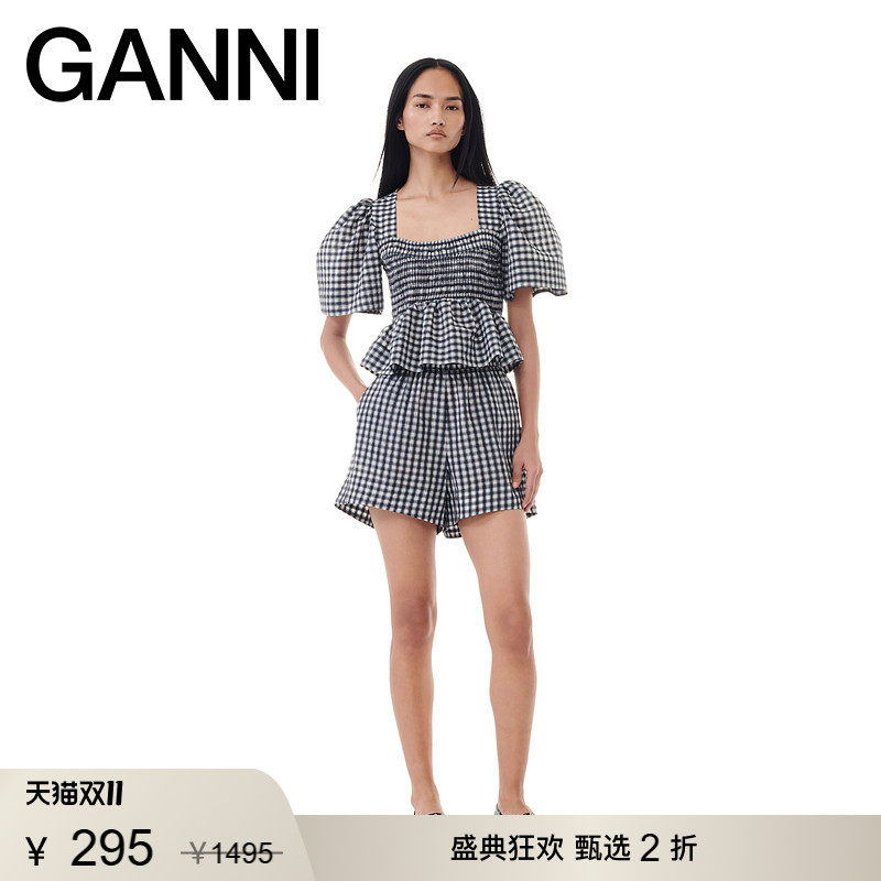 【甄选折扣】GANNI女装 格纹印花运动裤时尚短裤休闲裤 F9281135