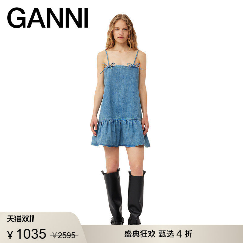【甄选折扣】GANNI女装 蝴蝶结吊带荷叶边夏牛仔连衣裙 J1376091