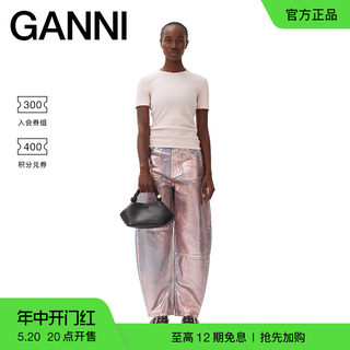 GANNI女装 粉色蝴蝶logo圆领修身休闲短袖T恤衫 T4015868