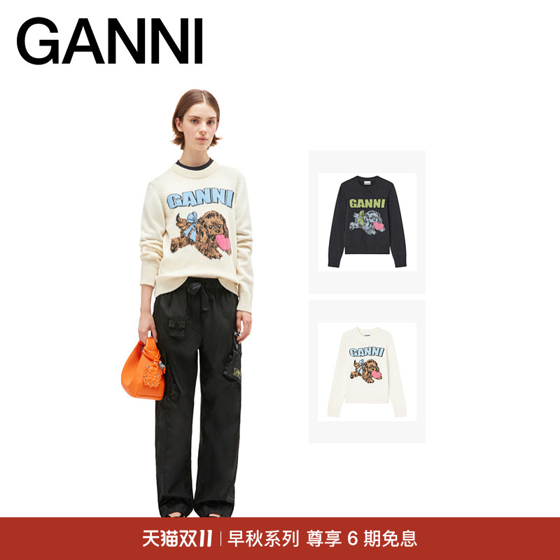 【早秋新品】GANNI女装 卡通小狗图案柔软圆领针织套衫长袖毛衣
