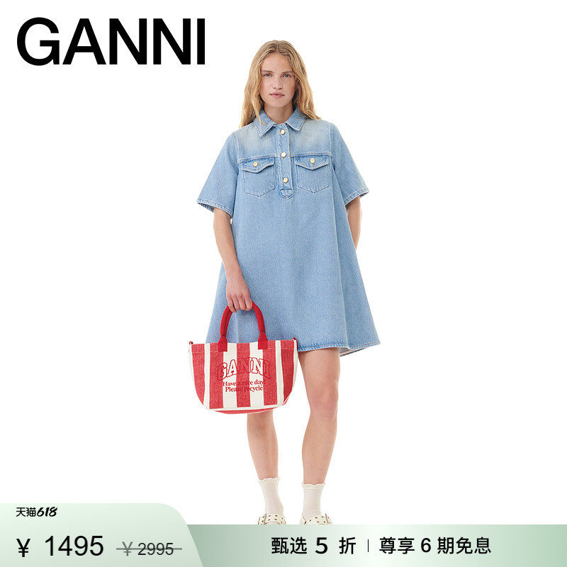 【惊喜首降】GANNI女装 牛仔经典纽扣裙子翻领短裙连衣裙J1503091
