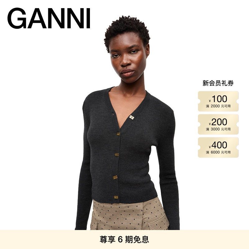 GANNI女装 黑色优雅V领修身针织衫外搭开衫 K2474252