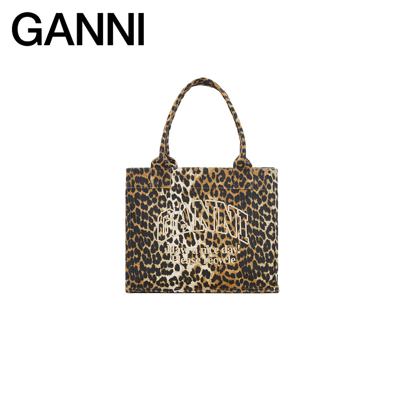 【独家惊喜盒】GANNI女包 logo刺绣豹纹大号帆布托特包便携手提包