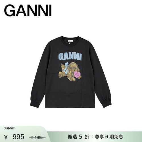 【惊喜首降】GANNI女装 小狗印花长袖休闲风舒适春季T恤 T4423252