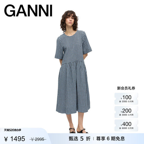 【甄选折扣】GANNI女装 蓝色复古格纹泡泡纱连衣裙长裙 W0696326