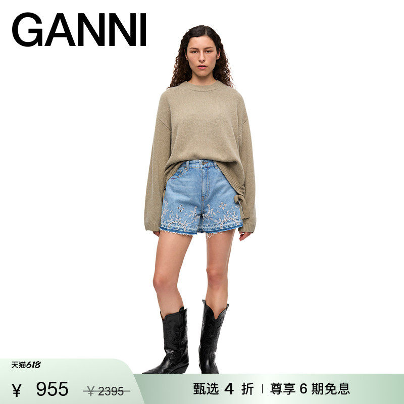 【甄选折扣】GANNI女装 浅蓝色刺绣毛边休闲裤牛仔短裤 J1678564