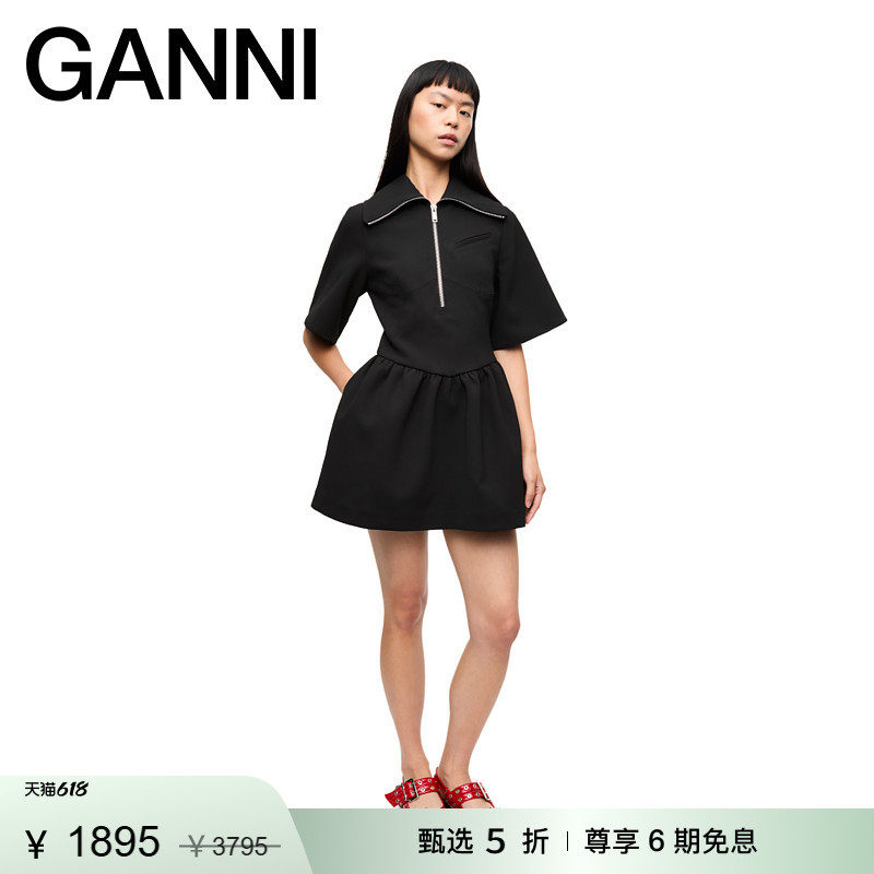 【惊喜首降】GANNI女装 拉链荷叶边翻领休闲连衣裙短裙W0257099