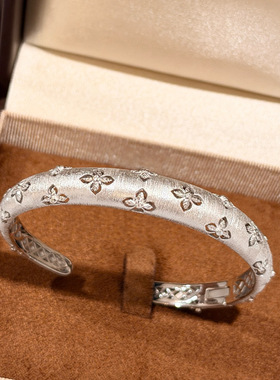 意大利中古S925纯银手工拉丝镂空四叶草开口手镯轻奢百搭手环秋冬