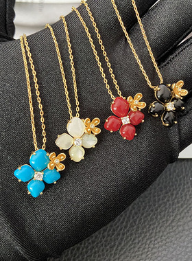 小红薯同款孔雀石绣球花吊坠镶钻四叶草锁骨链天然白贝母项链配饰