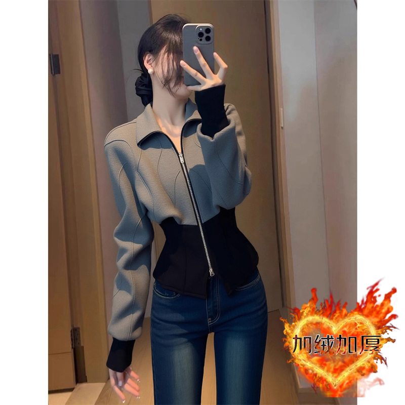 2025秋冬新款灰色拼接收腰拉链外套女时髦洋气高级感修身显瘦上衣