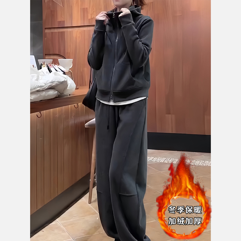加绒加厚卫衣外套阔腿裤两件套