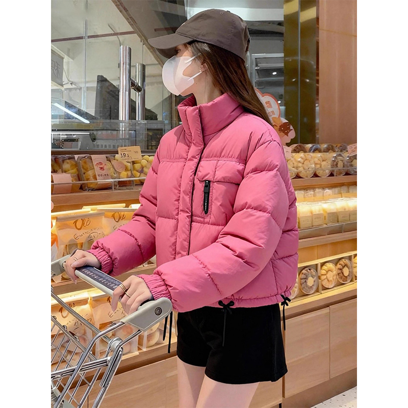 玫红色立领短款宽松舒适休闲棉服