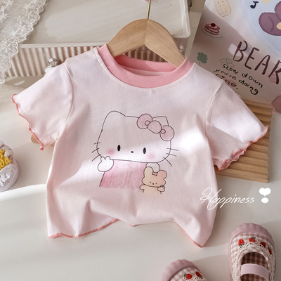 女童夏季花边木耳边圆领休闲短袖