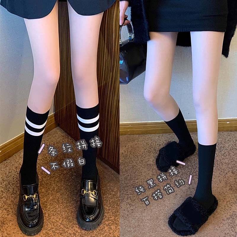 光腿神器拼接打底裤袜女2022年夏季新款外穿假两件条纹中筒丝袜子