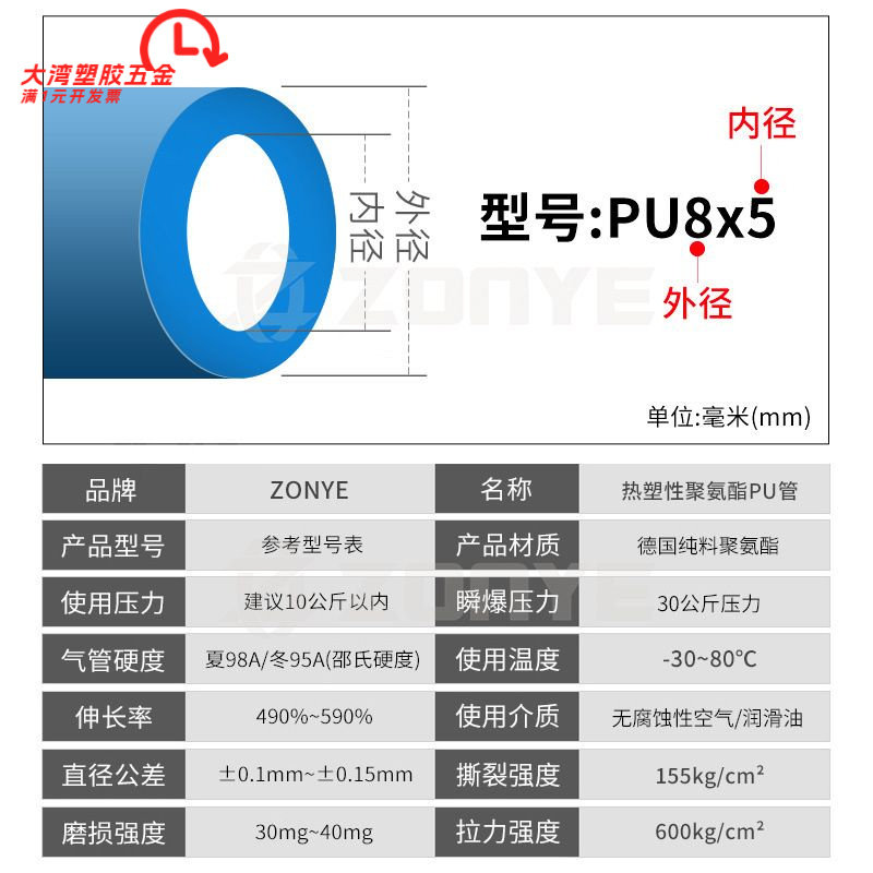气动PU气管8*5空压机软管8mm透明