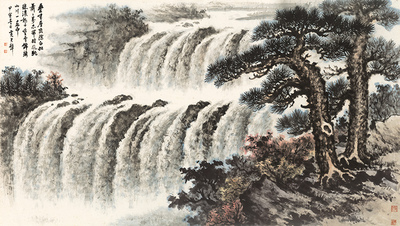 黄君壁国画叠峰层峦图山水横幅宣纸画芯微喷复制画中式客厅装饰画