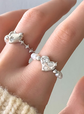 925纯银小众精致珍珠拼接戒指日韩潮款心形轻奢时尚百搭食指戒