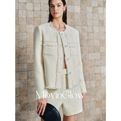 MovinGlow｜塞纳艺术家 羊毛金银丝星点珠片 箱型香风外套＆短裤