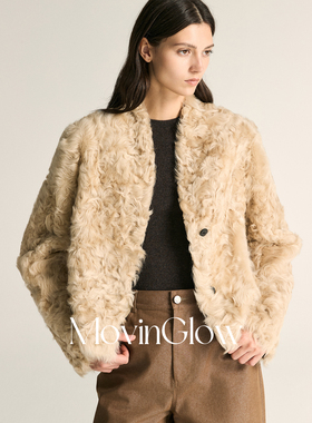 MovinGlow｜稀世软黄金 滑卷小湖羊羔毛 正反两穿V领短款皮毛一体