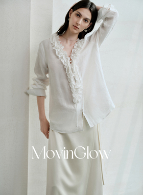 MovinGlow｜缪斯女郎 法国进口高端精梳亚麻 双层花边V领飘带衬衫