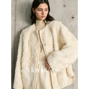 MovinGlow｜漫雪大道 织带包边圆领宽松皮草 轻暖浪纹津羔羊皮毛