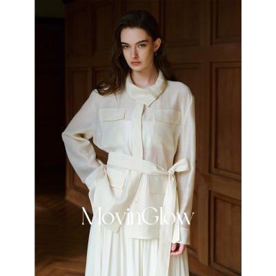 MovinGlow｜松弛老钱 轻透天丝醋酸麻 两穿领工装袋腰带宽松衬衫