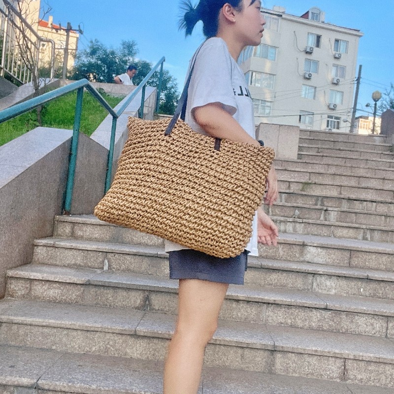横款草编包大托特纯色休闲小众美