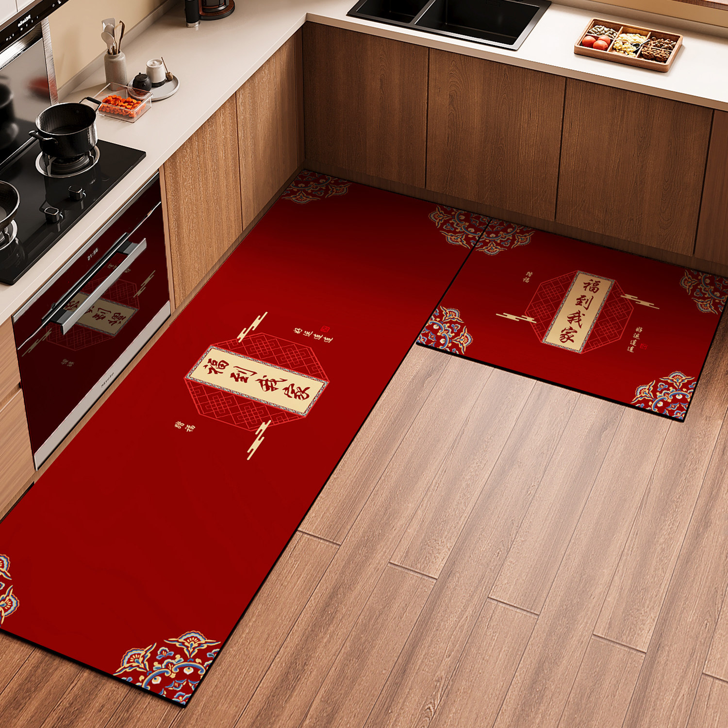 新中式红色厨房地垫喜庆过年家用硅藻泥防滑防摔地毯拐角防油脚垫,居家布艺,厨房地垫,淘宝优惠券,粉丝福利购,淘宝优惠卷