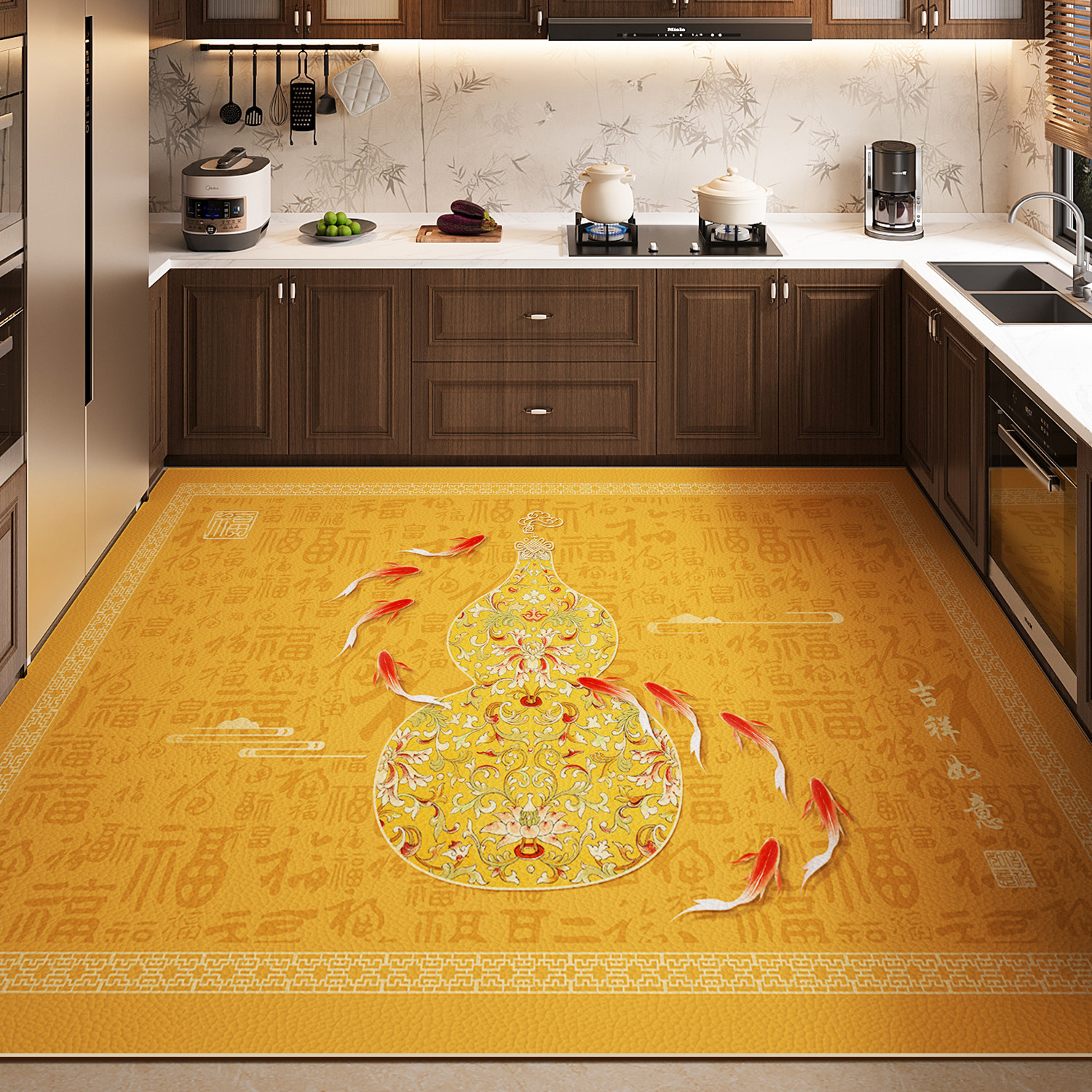 新中式纳福厨房专用地垫防滑防油可擦免洗地毯pvc大面积整铺脚垫,居家布艺,厨房地垫,淘宝优惠券,粉丝福利购,淘宝优惠卷
