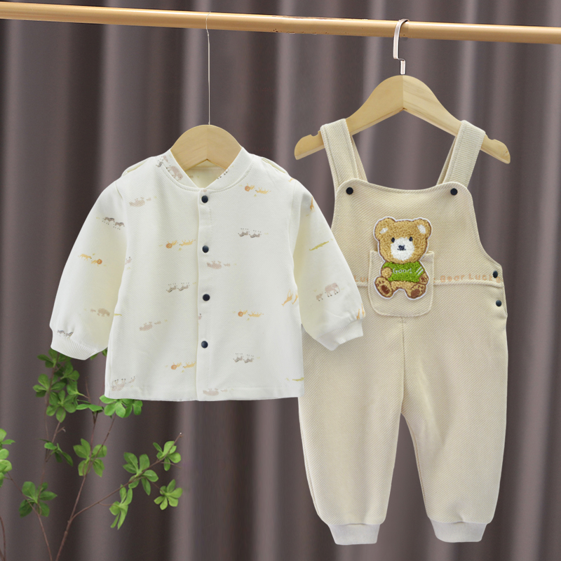 新生婴儿双层背带套装连体衣春秋款个月男宝宝衣服套装春季背带裤