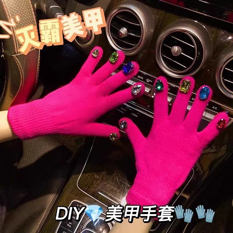 豪华闪钻绿色针织保暖美甲手套女