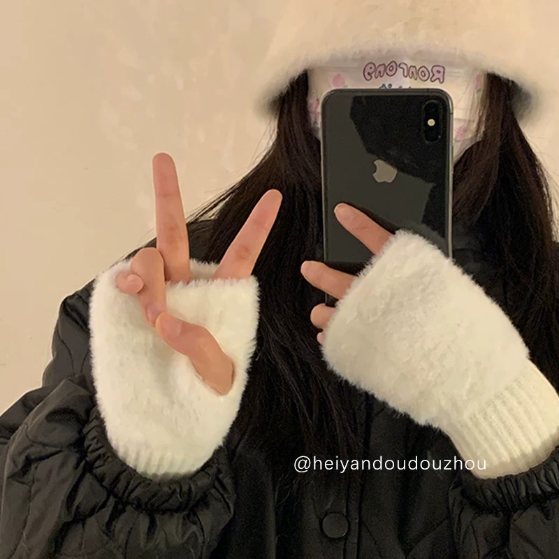 冬季保暖毛线半指触屏手套女款