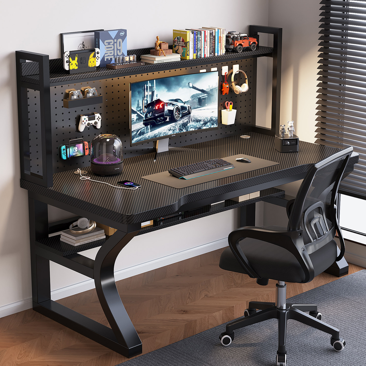 实木电脑桌书桌书架一体写字办公桌洞洞板学习桌碳纤维游戏电竞桌