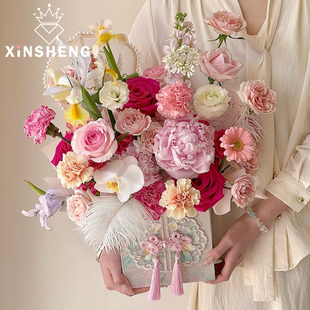 芯苼 桶鲜花花束插花桶diy花艺资材节日礼品收纳盒 新年松花染中式