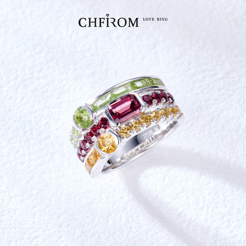 S925纯银天然宝石戒指黄水晶石榴石橄榄石三层一体式叠戴设计指环