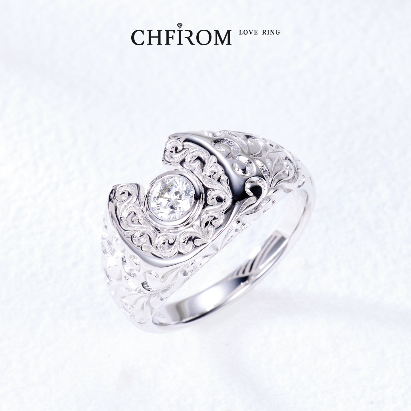 S925纯银培育钻石戒指 卷草纹重工原创设计 复古潮流高级男女指环