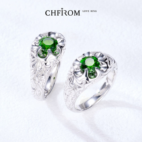 S925纯银天然透辉石戒指 原创设计花朵小众复古宝石女戒 重工雕金