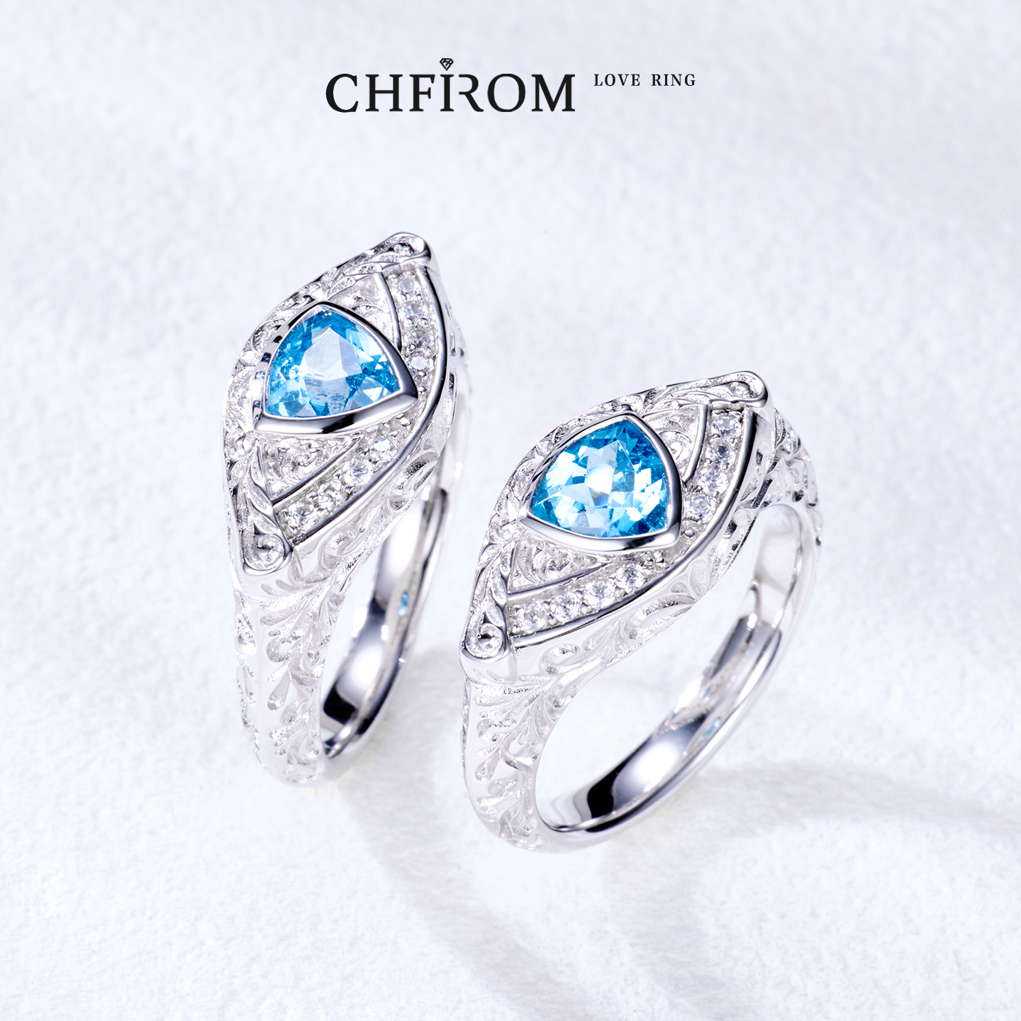 天然瑞士蓝托帕石戒指异形三角宝石S925纯银原创设计浮雕中性指环