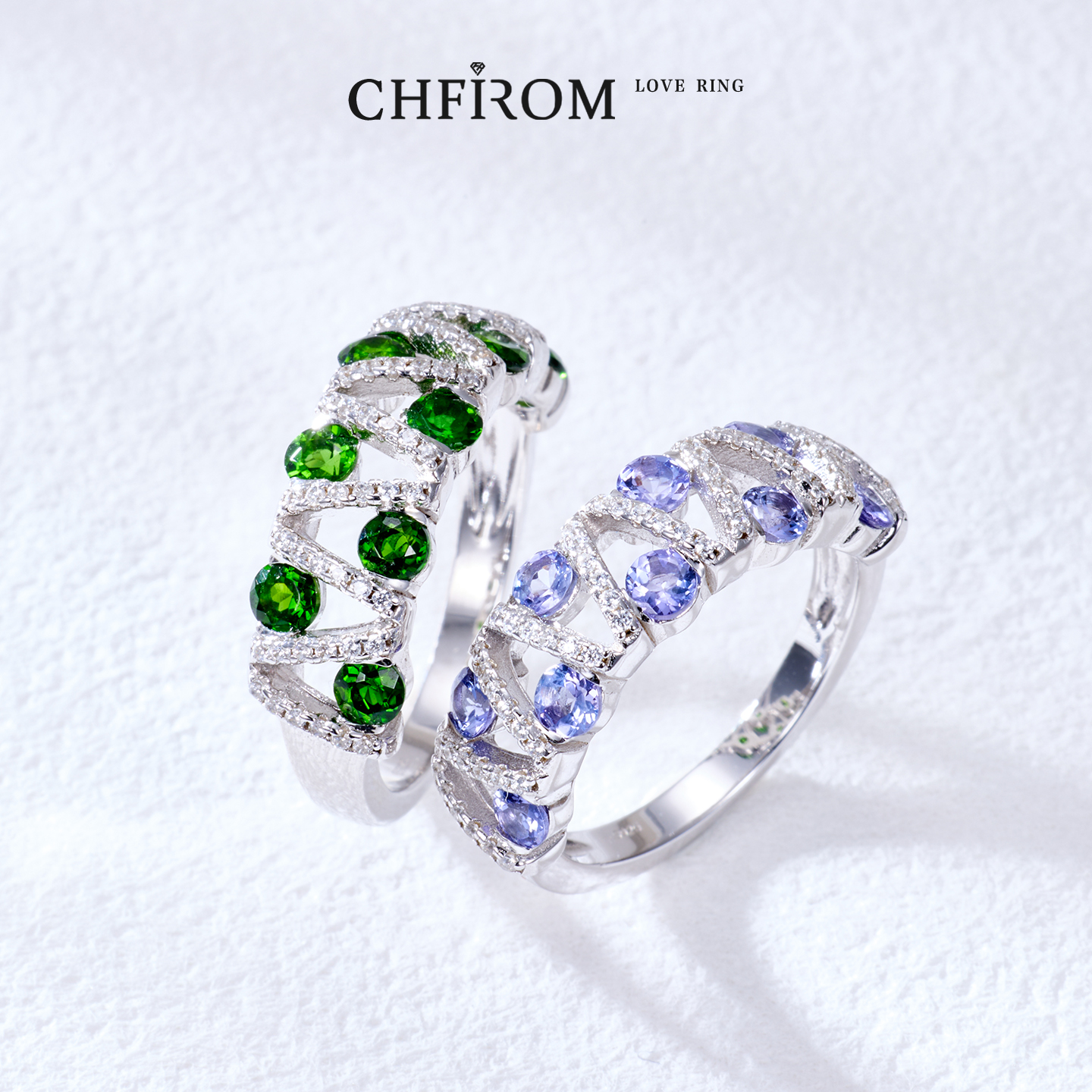 天然蓝紫色坦桑石戒指 天然透辉石指环S925纯银 清新优雅高级排戒