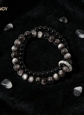 -LIWENGY-黑曜石平安扣手串男款小众设计双圈叠戴手链串珠女-2026