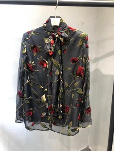法式名媛复古玫瑰花印花长袖衬衫女夏季设计感时尚欧根纱防晒上衣