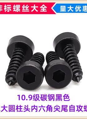 10.9级碳钢黑色HA光面大圆柱头大头内六角尖尾自攻螺丝M3.5M4M5M6