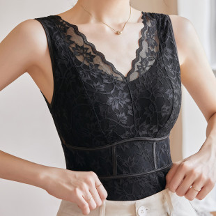 蕾丝美背加绒保暖背心女带胸垫内衣秋冬季 桑蚕丝打底发热加厚上衣