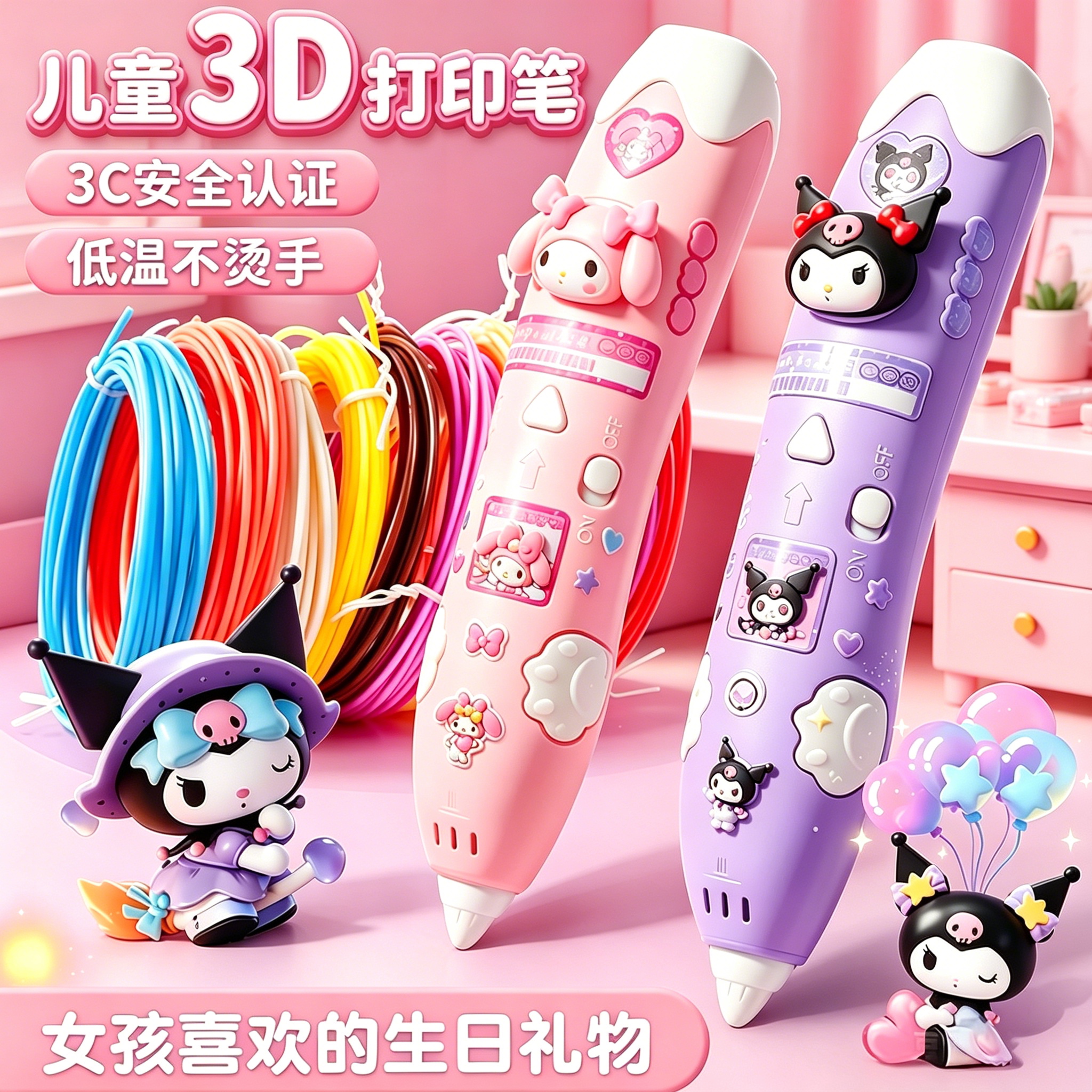 3d打印笔儿童款三d立体绘画笔6女童玩具小女孩子六一节生日礼物女生低温不烫手涂鸦绘画笔套装小学生神笔马良