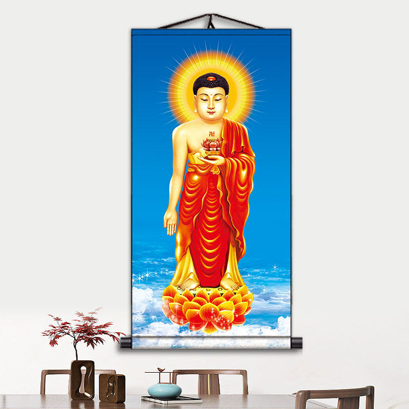 高清阿弥陀佛卷轴挂画佛像画像绢丝绸佛画像不褪色画西方三圣装饰
