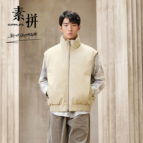 素拼男装2025冬季新款PU皮羽绒马夹休闲简约立领无袖保暖羽绒坎肩