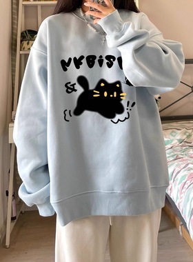 25新款卡通猫宽松长袖T恤卫衣上衣简约风秋冬款加厚宽松女款卫衣