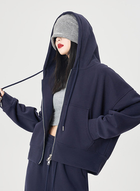 藏青色拉链连帽卫衣女春秋季小个子韩版宽松显瘦休闲外套百搭